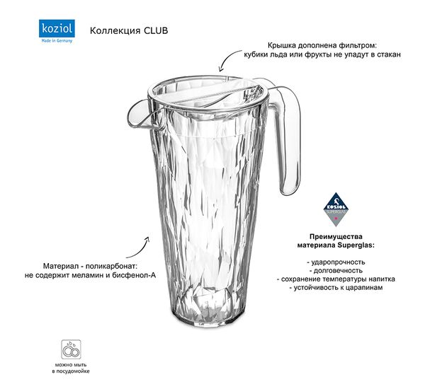 Кувшин Club, Superglas, 1,5 л, прозрачный, Koziol, изображение 3